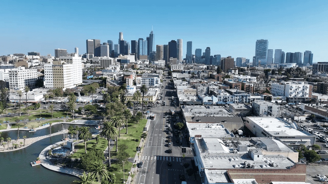 The Wilshire corridor and downtown Los Angeles from the air